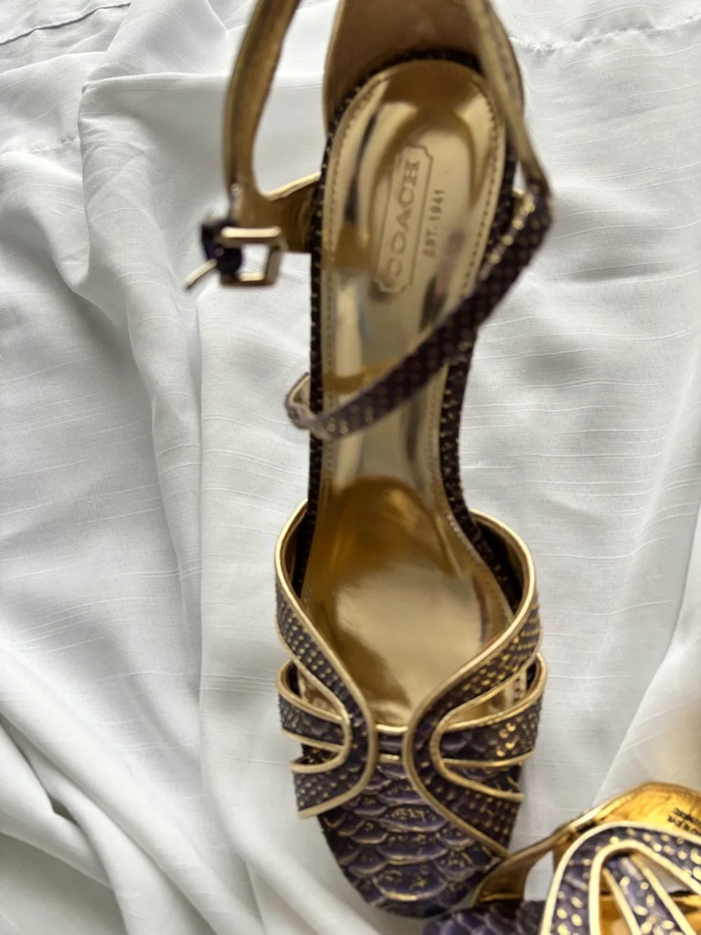 COACH Gold and Brown Embellished Women's Ankle-Strap Heels